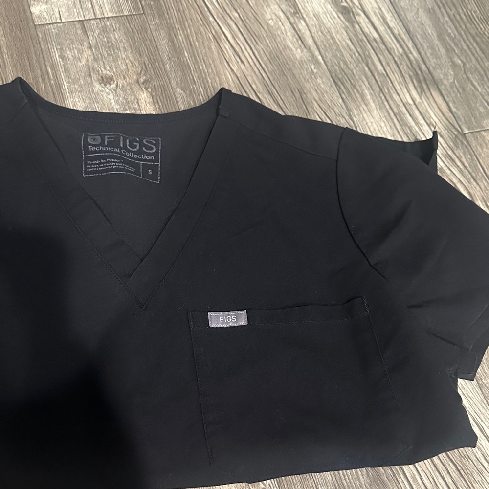 Figs Black V-Neck Scrub Top with Chest Pocket